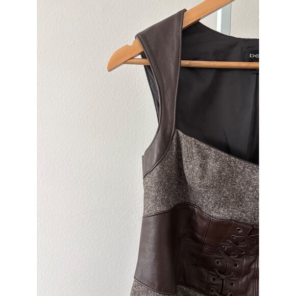 Y2K Bebe Dress Sz 10 Wool Blend Tweed Leather Corset Detail Lace Up Bodycon Slit - Picture 10 of 16